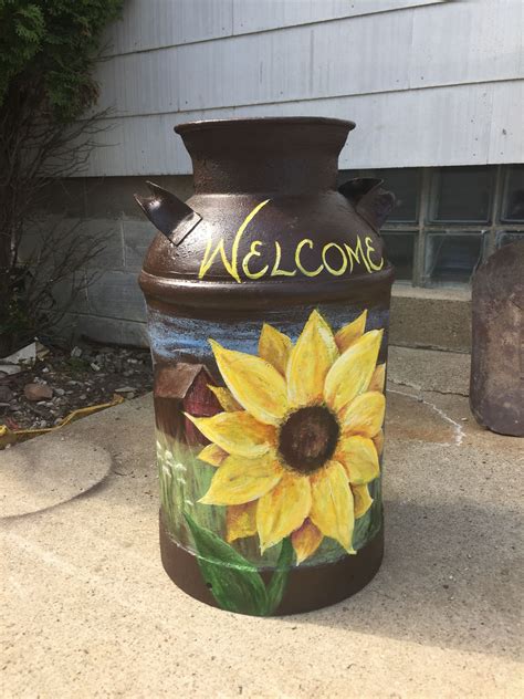 Sunflower with barn painted milk can | Painted milk cans, Old milk cans ...