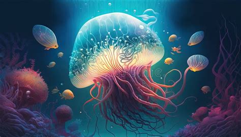 A Painting of a Jellyfish in a Blue Sea with Jellyfish. Stock ...