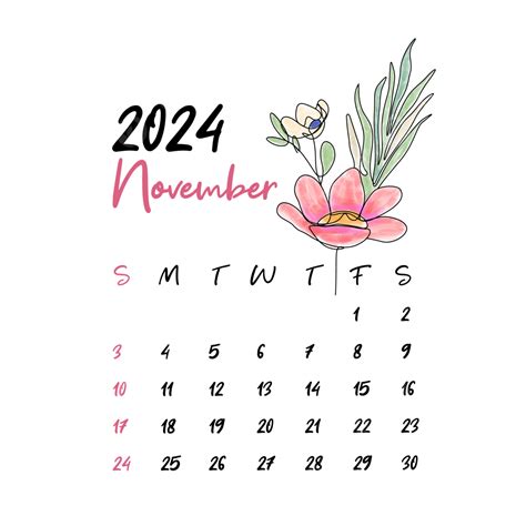 Floral Monthly Calendar November 2024 Vector, November Floral Calendar, November 2024, Monthly ...