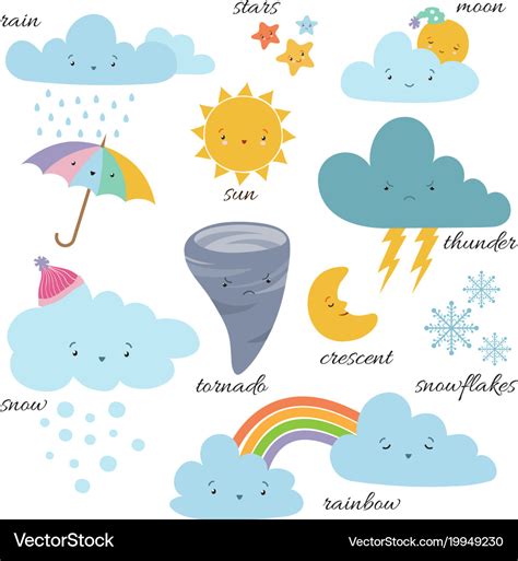 Cute cartoon weather icons forecast meteorology Vector Image