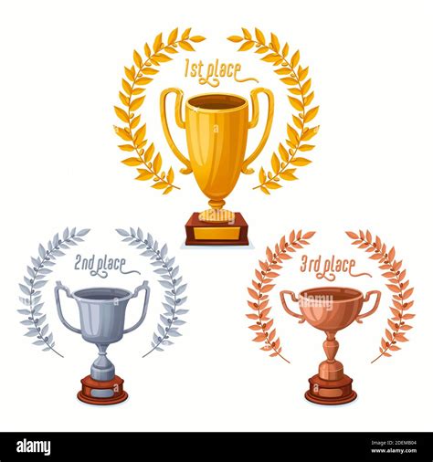 Gold, silver, and Bronze trophy cups with laurel wreaths. Trophy award cups set with different ...