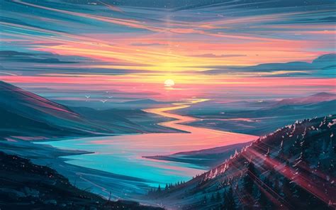 Download wallpapers abstract summer landscape, valley, sunset, mountains, abstract nature ...