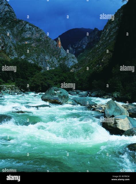 Impetuous Gangqu River rushing through Balagezong Shangri-la Grand Canyon, Shangri-la County ...