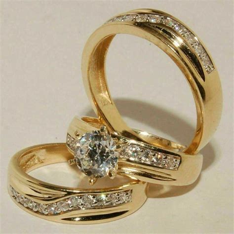 Jewellery & Watches Fine Jewellery Diamond Wedding 10K Yellow Gold FN Trio His Her Bridal Band ...