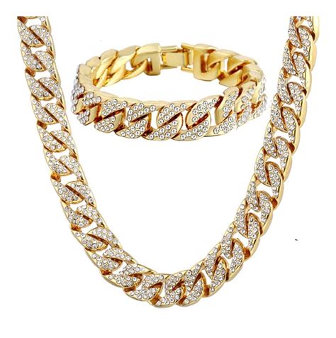 Set Cadena Esclava Diamantada Iced Out Oro Laminado Zc 14mm - $ 895.00 en Mercado Libre