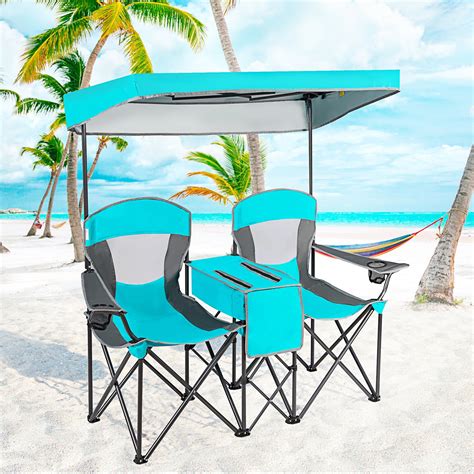 Gymax Folding 2-person Camping Chairs Double Sunshade Chairs w/ Canopy Turquoise - Walmart.com