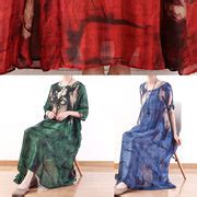 Natural red print silk dresses asymmetric big hem Kaftan summer Dresses
