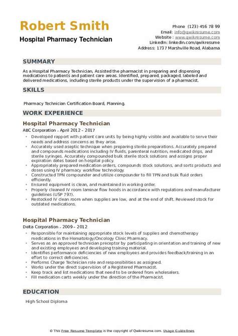 Hospital Pharmacy Technician Resume Samples | QwikResume