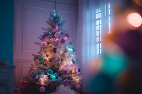 Premium AI Image | White Christmas tree decorated neon balls in modern living room at home ...