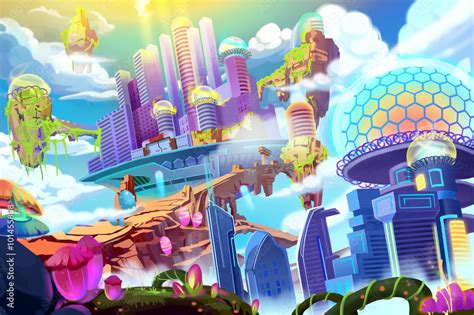 Creative Illustration and Innovative Art: Future City. Realistic Fantastic Cartoon Style Artwork ...