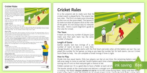 Cricket Rules Worksheet | Cricket | Physical Education