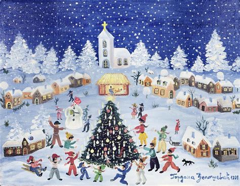 Snowy Christmas in a Village Square Painting by Gordana Delosevic ...