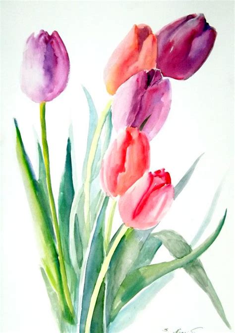 Tulips, original watercolor painting 12 X 9 | Цветочные картины, Акварельные иллюстрации ...