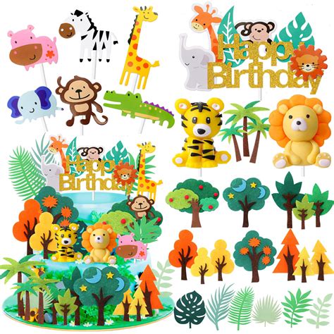 Buy 26 Pcs Jungle Animal Cake Toppers, Wild Jungle Animals Happy Birthday Cake Decorations with ...