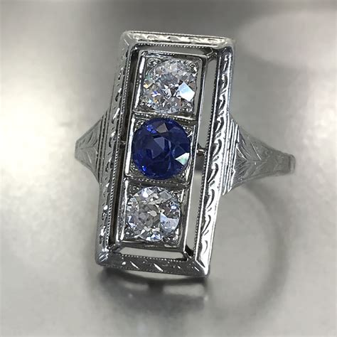 Vintage Blue Sapphire and Old European Cut Diamond Ring from 1930s