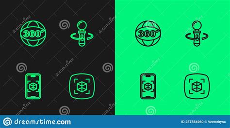Set Line 3d Modeling, 360 Degree View and VR Controller Game Icon. Vector Stock Illustration ...