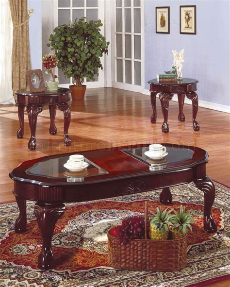 Rich Cherry Traditional 3Pc Coffee Table Set w/Glass Inserts