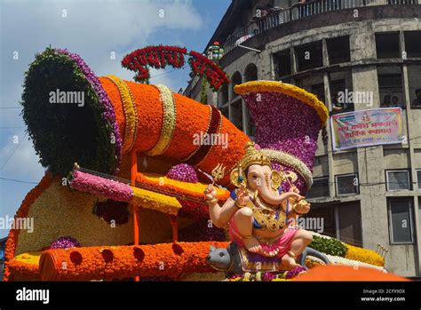 Pune, India - September 4, 2017: Guruji Talim Ganpati idol decoration during Ganpati visarjan ...