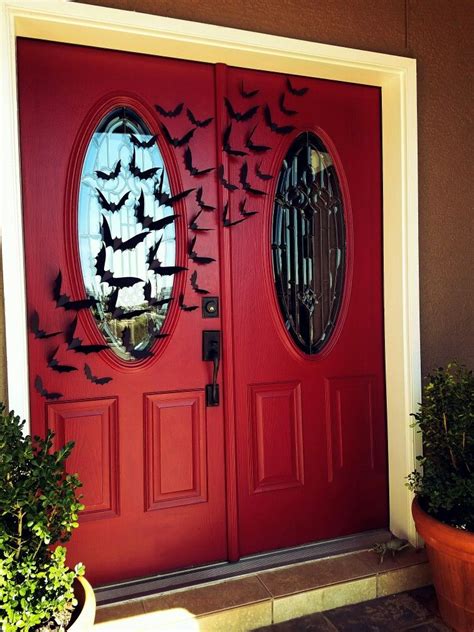 Flight of Bats on Red Front Doors - Halloween Porch Decor