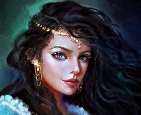 Artistic Black Hair Blue Eyes Face Fantasy Girl Painting Woman ...