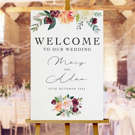 Bright Floral Wedding welcome sign burgundy flowers autumn spring