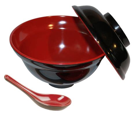 Happy Sales Set of Rice Miso Soup Bowl with Lid and Spoon Black & Red ...