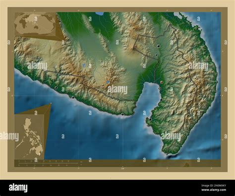 Sarangani, province of Philippines. Colored elevation map with lakes and rivers. Locations of ...