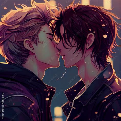 Kiss of two guys in love anime style. Generative AI Content. Stock Illustration | Adobe Stock