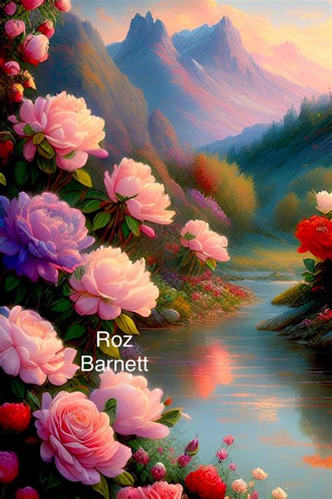 a painting of flowers by the water with mountains in the background and text that reads roz bannet