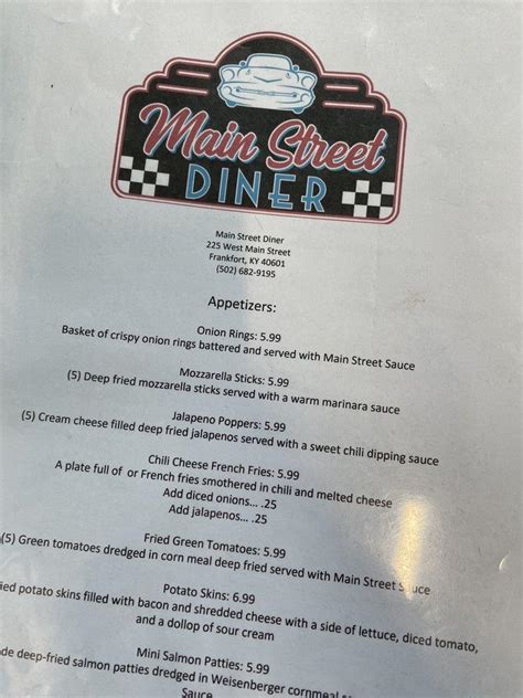 Menu at Main Street Diner restaurant, Frankfort