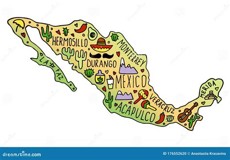 Colored Hand Drawn Doodle Mexico Map. Mexican City Names Lettering and ...