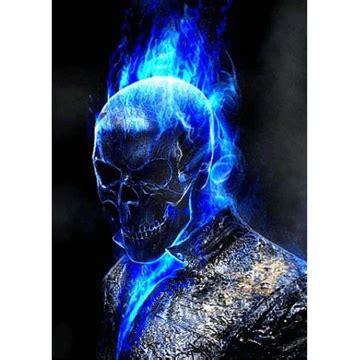 a man with blue flames on his face and body in the shape of a skull