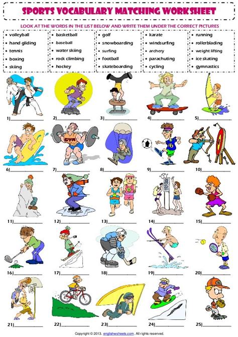 sports vocabulary matching worksheet LOOK AT THE WORDS IN THE LIST ...