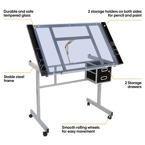 ZENY Glass Top Adjustable Drawing Desk Craft Station Drafting Table ...