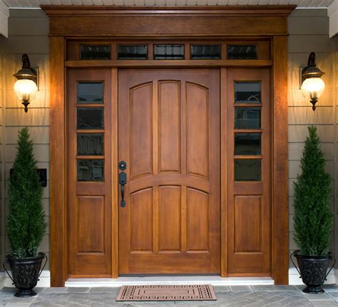 Stained Front Wood Door with Decorative Sidelights and Transom