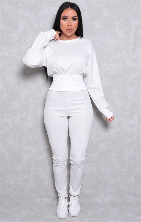 White Ribbed Shrilled Waist Loungewear Set | Loungewear | Femme Luxe UK