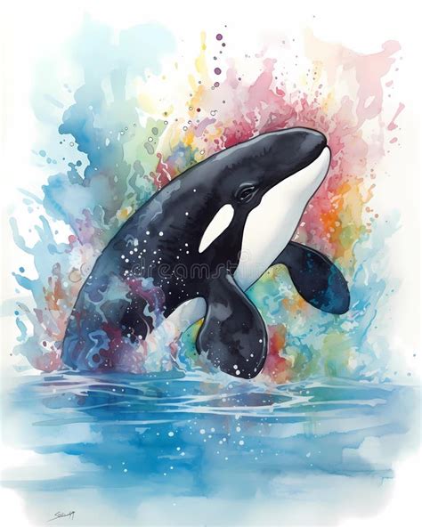 Cartoon Orca Watercolor Illustration Happy Underwater Whale Swimming in Coral Reef Stock ...