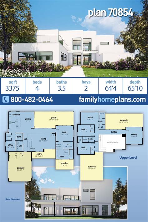 Modern Style Architecture in House Plan #70854 with 4 Bedrooms, 3.5 Baths, Covered Patio and Su ...