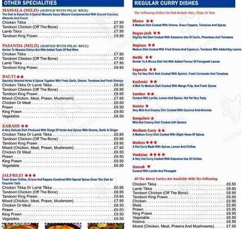 Menu at Bilash Balti House restaurant, Manchester