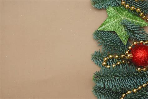 Premium Photo | Merry christmas, fir tree branches with red baubble and globes, green sparkle ...