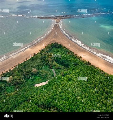 An aerial symmetric view of Ballena Marine National Park, the National Park of Costa Rica Stock ...