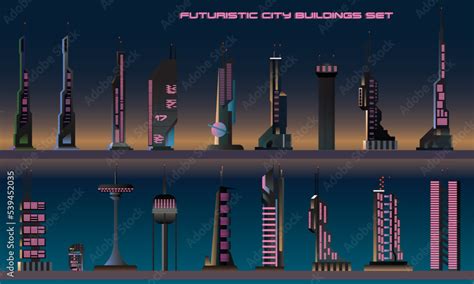 sci fi flat style futuristic buildings set, cyberpunk architecture ...