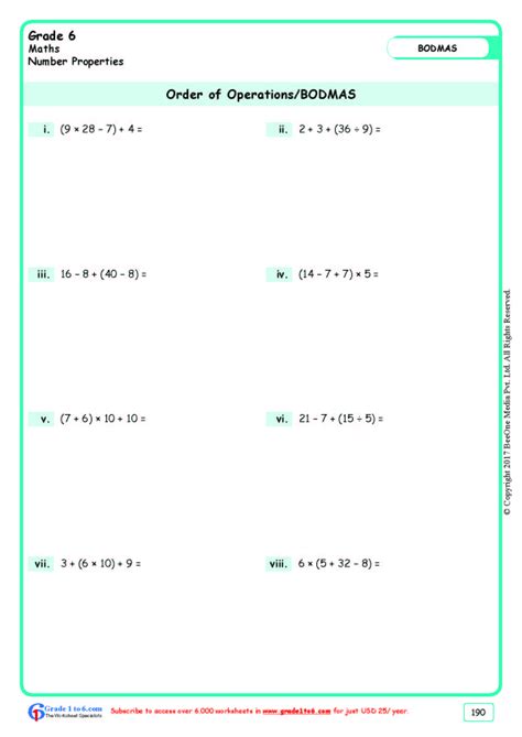 Grade 6|Class Six BODMAS Worksheets|www.grade1to6.com