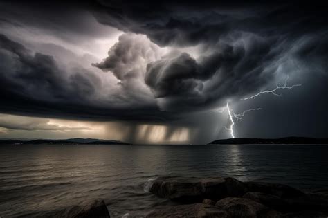 Premium Photo | A lightning storm over the ocean with a lightning bolt on the left side