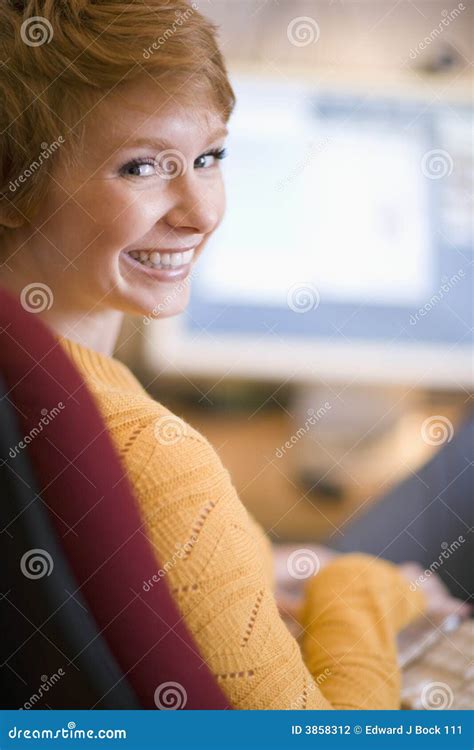 Smiling woman at computer stock photo. Image of female - 3858312