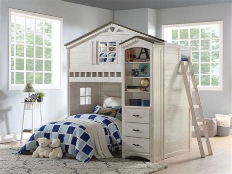 Acme 37165 Zoomie kids mila tree house weathered white washed gray finish wood kids loft bed ...