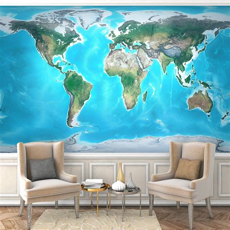 World Map Mural, Blue Color, Topographic Pattern, 3d Relief, World ...