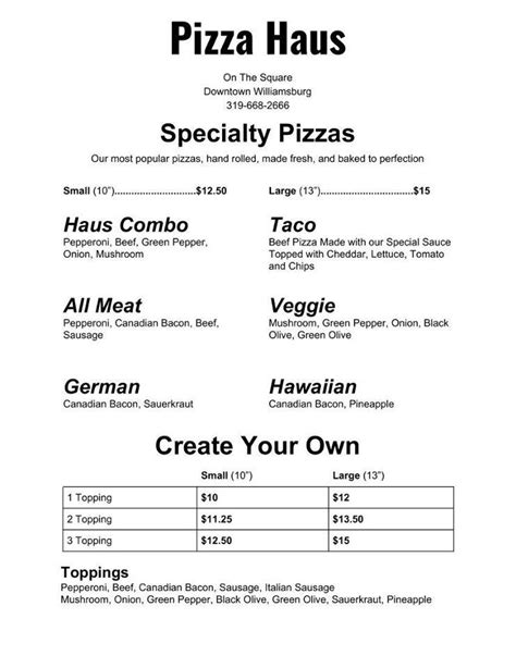 Menu at Pizza Haus pizzeria, Williamsburg