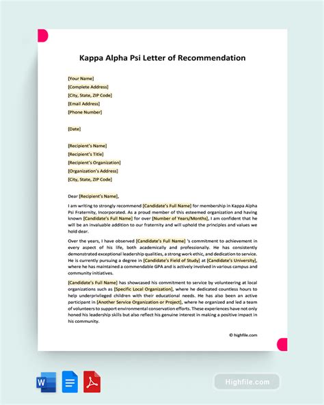 Kappa Alpha Psi Letter of Recommendation - Highfile