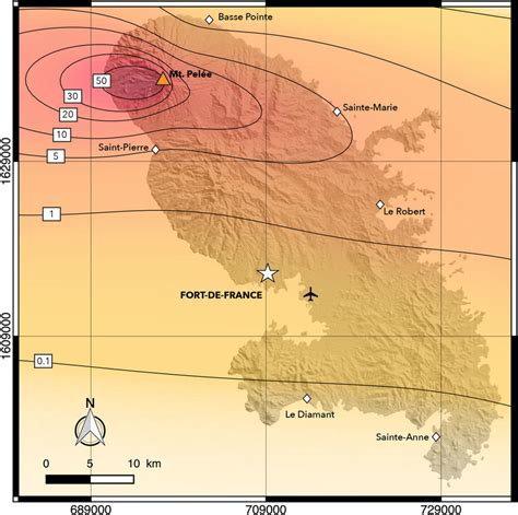 Aggregated hazard map for tephra fallout in Martinique, obtained by... | Download Scientific Diagram